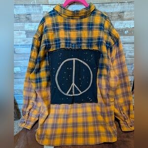 Peace Graphic Upcycled Dip Dye Bleached Flannel Shirt